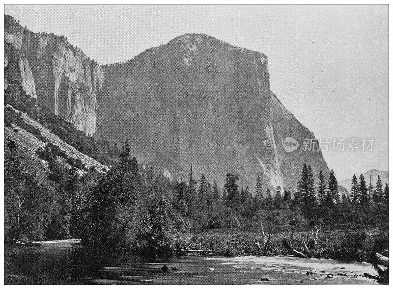 世界地标的古董照片(大约1894年):El Capitan，约塞米蒂山谷，加利福尼亚州